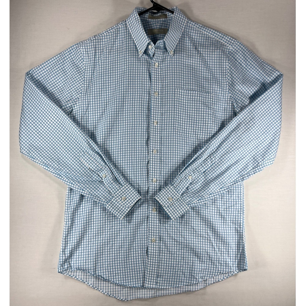 Nordstrom Trim Fit Mens 16 36-37 Blue White Check Non-Iron Cotton Dress Shirt